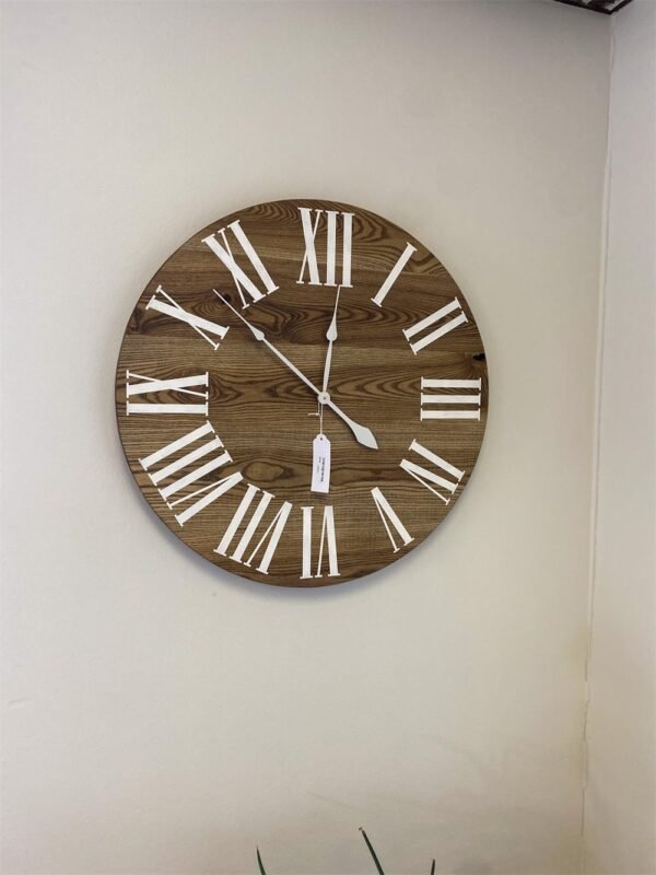Dark Stained Solid Ash Wood Wall Clock with White Roman Numerals