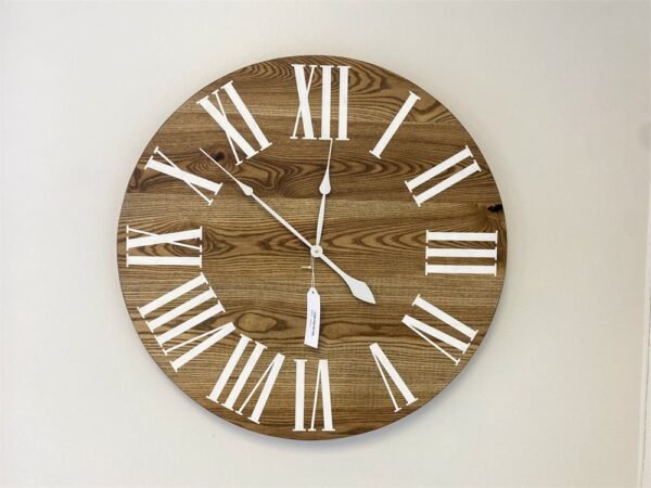 Dark Stained Solid Ash Wood Wall Clock with White Roman Numerals