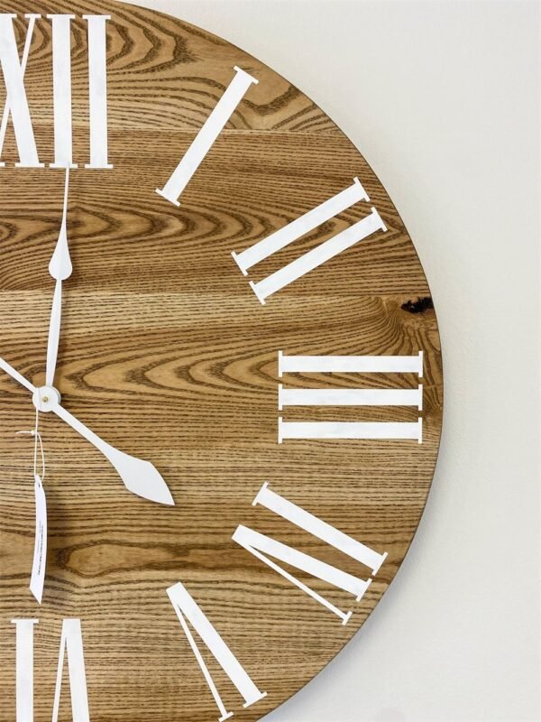 Dark Stained Solid Ash Wood Wall Clock with White Roman Numerals