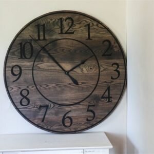 Black Stained Solid Ash Wood Wall Clock with White Roman Numerals