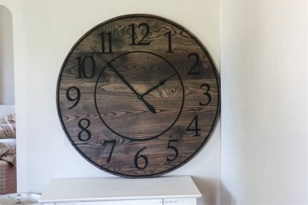 Black Stained Solid Ash Wood Wall Clock with White Roman Numerals