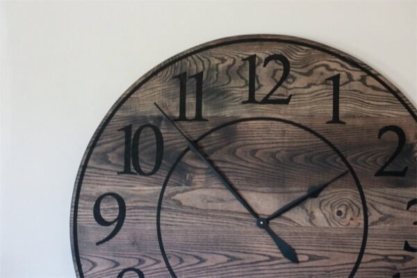 Black Stained Solid Ash Wood Wall Clock with White Roman Numerals