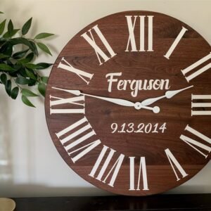 Personalized Solid Walnut Wood Wall Clock with White Numbers