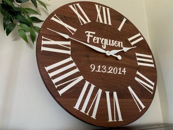 Personalized Solid Walnut Wood Wall Clock with White Numbers
