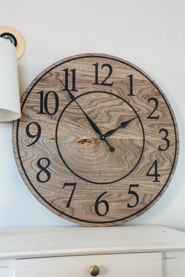 Large Brown Stained Hackberry Wall Clock with Black Numbers