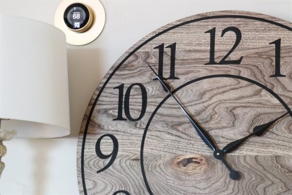 Large Brown Stained Hackberry Wall Clock with Black Numbers