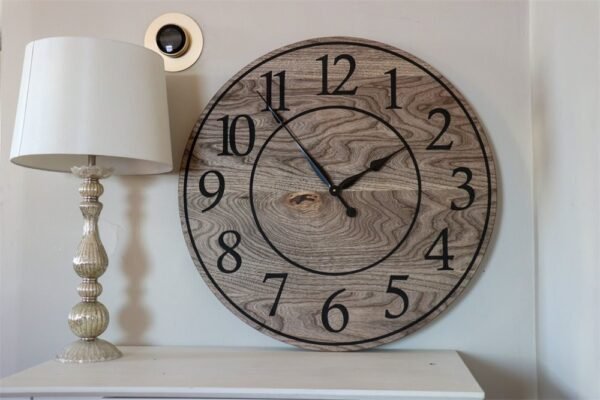 Large Brown Stained Hackberry Wall Clock with Black Numbers