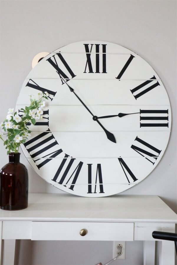 Simple 36" Farmhouse Style Large White Distressed Wall Clock with Black Roman Numerals (in stock)