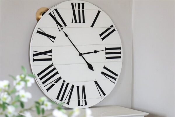 Simple 36" Farmhouse Style Large White Distressed Wall Clock with Black Roman Numerals (in stock)