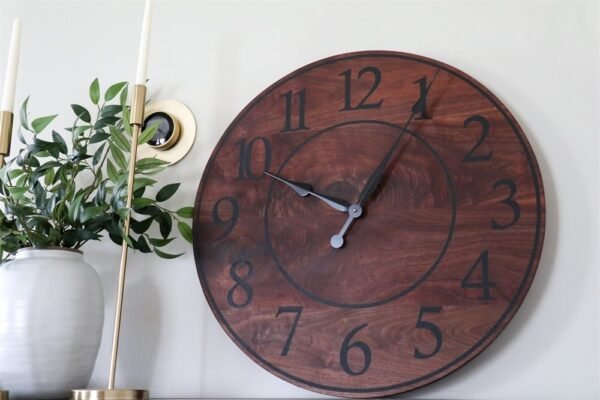 Solid Walnut Wood Wall Clock with Black Numbers