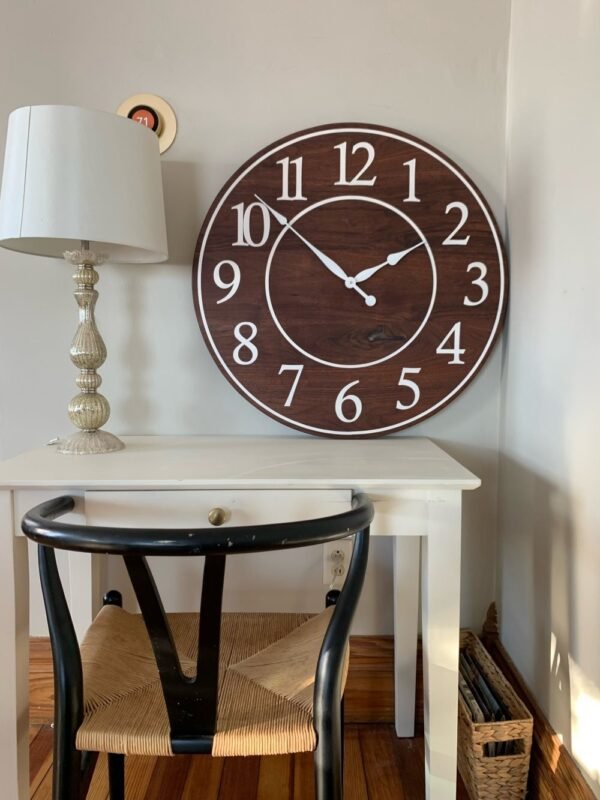 Solid Clear Walnut 30" Wall Clock with White Lines and Numbers (in stock)