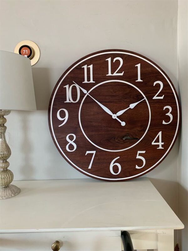 Solid Clear Walnut 30" Wall Clock with White Lines and Numbers (in stock)