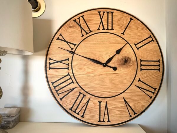 Large Flat Sawn White Oak Wall Clock with Black Roman Numerals