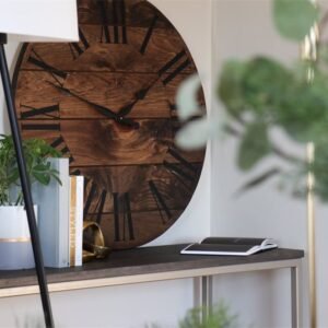 Dark Stained Large Farmhouse Wall Clock with Black Roman Numerals