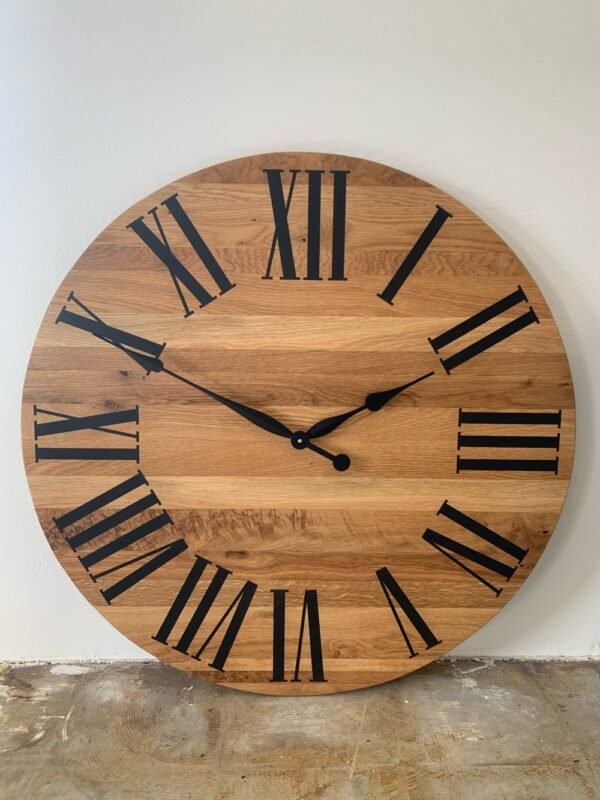 Large White Oak Wall Clock with Black Roman Numerals