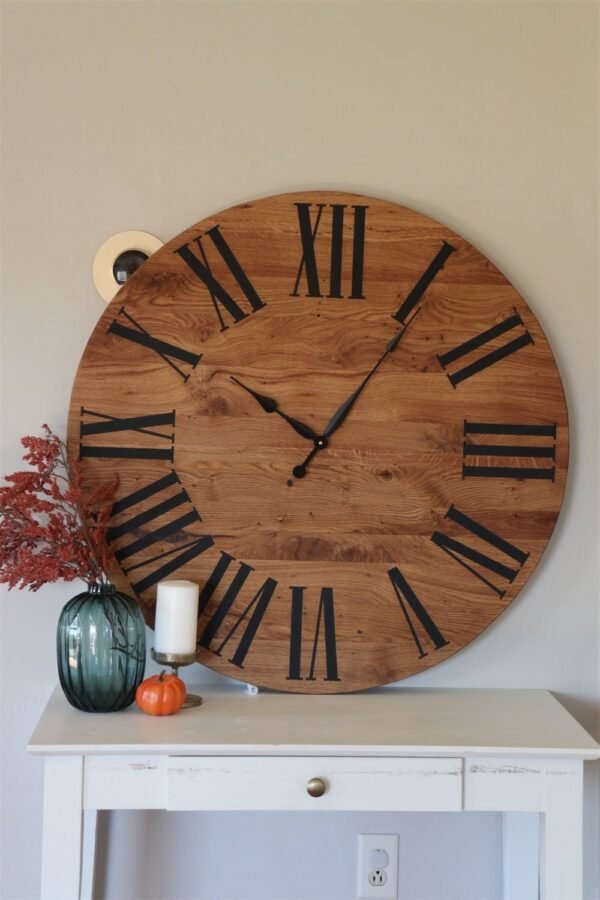 Large White Oak Wall Clock with Black Roman Numerals