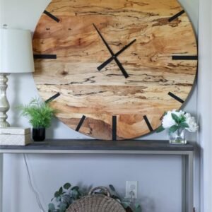 Mid Century Modern Hardwood Spalted Maple Wall Clock with Black Number Lines