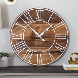 Light Stained Large Farmhouse Wall Clock with White Roman Numerals & Lines