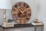 Light Stained Large Farmhouse Wall Clock with White Roman Numerals & Lines