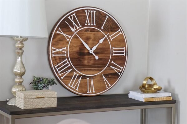Light Stained Large Farmhouse Wall Clock with White Roman Numerals & Lines