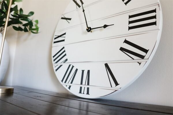 Simple White Lightly Distressed Large Wall Clock with Black Roman Numerals (in stock)