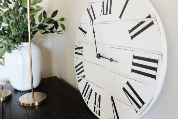 Simple White Lightly Distressed Large Wall Clock with Black Roman Numerals (in stock)