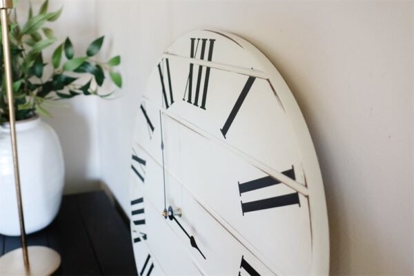 Simple White Lightly Distressed Large Wall Clock with Black Roman Numerals (in stock)
