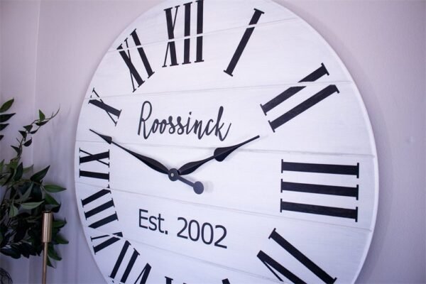 Personalized Modern Farmhouse White Shiplap Wooden Wall Clock with Black Roman Numerals