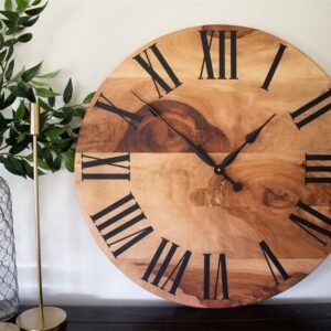 Large Solid Sycamore Hardwood Farmhouse Wall Clock with Black Roman Numerals
