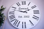 Personalized Modern Farmhouse White Shiplap Wooden Wall Clock with Black Roman Numerals