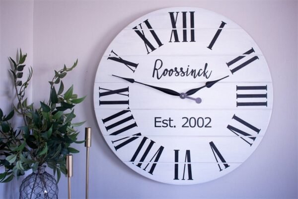 Personalized Modern Farmhouse White Shiplap Wooden Wall Clock with Black Roman Numerals