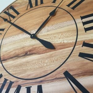 Large Quartersawn Sycamore Hardwood Wall Clock with Black Roman Numerals