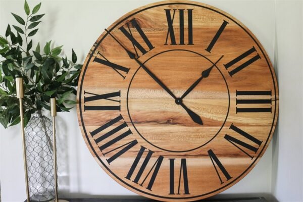 Large Quartersawn Sycamore Hardwood Wall Clock with Black Roman Numerals