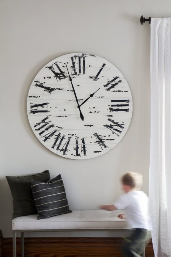 42" Farmhouse Style Large White Distressed Wall Clock with Black Roman Numerals (in stock)