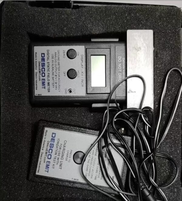 DESCO EMIT electrostatic field meter, equipped with charging unit and test leads